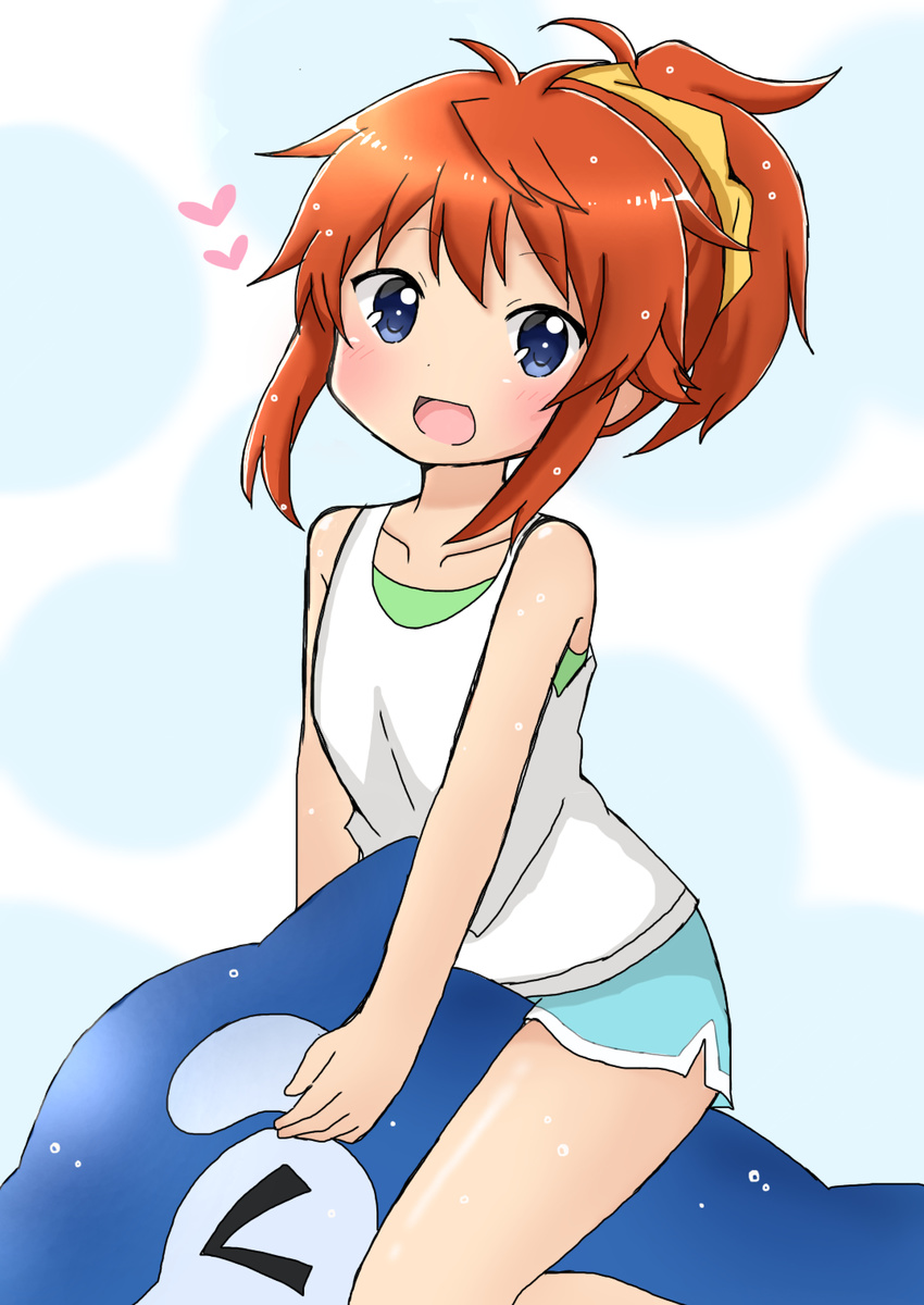 &gt;_&lt; :d absurdres bangs bare_arms bare_shoulders blue_eyes blue_shorts blush brown_hair commentary_request eyebrows_visible_through_hair hair_ornament hair_scrunchie head_tilt heart high_ponytail highres inflatable_dolphin inflatable_toy koshigaya_natsumi long_hair looking_at_viewer non_non_biyori open_mouth scrunchie shika_(s1ka) shirt shorts sidelocks sitting sitting_on_object sleeveless sleeveless_shirt smile solo straddling water_drop wet wet_hair white_shirt yellow_scrunchie