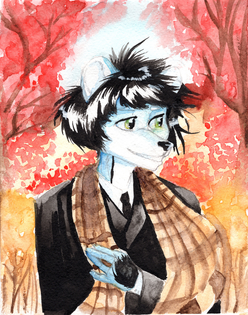 2017 aimo anthro arctic_fox autumn black_fur black_hair canine clothed clothing costume fall_(disambiguation) forest fox fur green_eyes hair indian ink male mammal october park scarf smile solo suit traditional_media_(artwork) tree watercolor_(artwork) white_fur wunderknodel