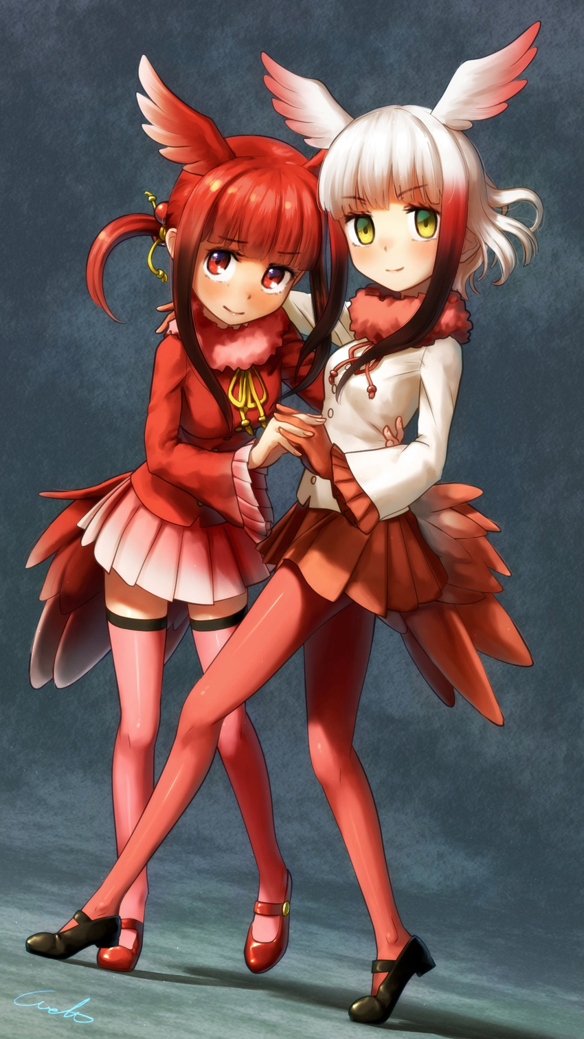 &gt;:) arm_around_neck arm_around_waist bangs blunt_bangs blush brown_eyes dutch_angle eyebrows_visible_through_hair frilled_sleeves frills fur_collar gloves head_wings highres holding_hands japanese_crested_ibis_(kemono_friends) kemono_friends long_hair long_legs long_sleeves looking_at_viewer mary_janes multicolored_hair multiple_girls pantyhose pleated_skirt red_eyes red_footwear red_gloves red_hair red_legwear red_skirt red_wings scarlet_ibis_(kemono_friends) shirt shoes sidelocks signature skirt smile standing thighhighs twintails v-shaped_eyebrows welt_(kinsei_koutenkyoku) white_hair white_shirt wings
