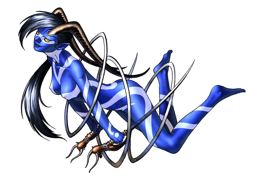blue_hair blue_skin cybele_(megami_tensei) dual_wielding full_body full_body_tattoo highres holding horns kazuma_kaneko long_hair looking_at_viewer nipples nude official_art pointy_ears reverse_grip shin_megami_tensei simple_background smirk solo sword tattoo weapon white_background yellow_eyes yellow_sclera