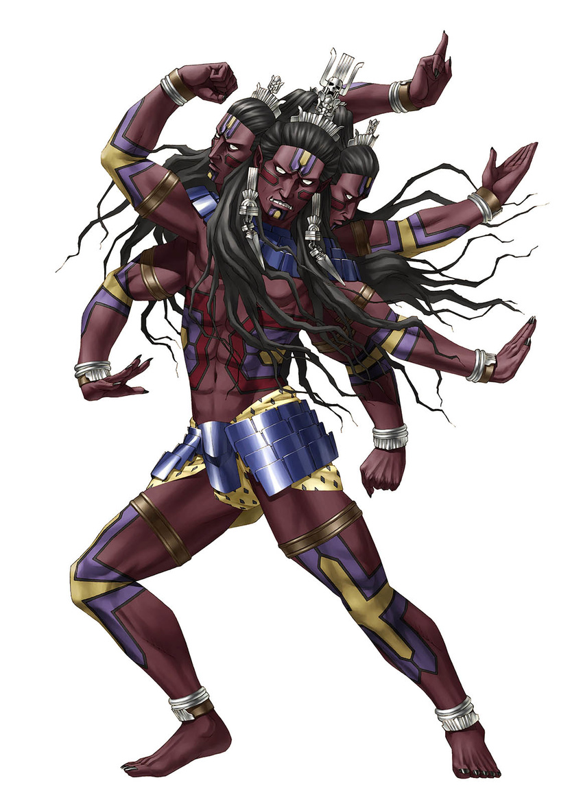 abs anklet armor asura_(megami_tensei) black_hair black_nails bracelet clenched_hand crown earrings facial_mark fingernails full_body highres jewelry kazuma_kaneko looking_at_viewer male_focus multiple_arms multiple_heads nail_polish necklace official_art parted_lips pointy_ears red_skin sharp_fingernails shin_megami_tensei simple_background solid_eyes solo tattoo teeth tusks white_background white_eyes