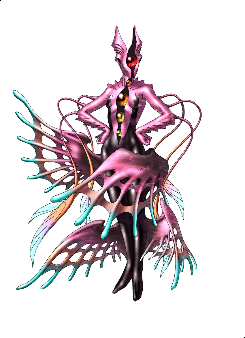 absurdres armaiti black_skin convenient_censoring faceless full_body hands_on_hips highres kazuma_kaneko leg_wings multicolored multicolored_skin official_art pink_skin shin_megami_tensei shiny shiny_skin simple_background solo sphere white_background wings