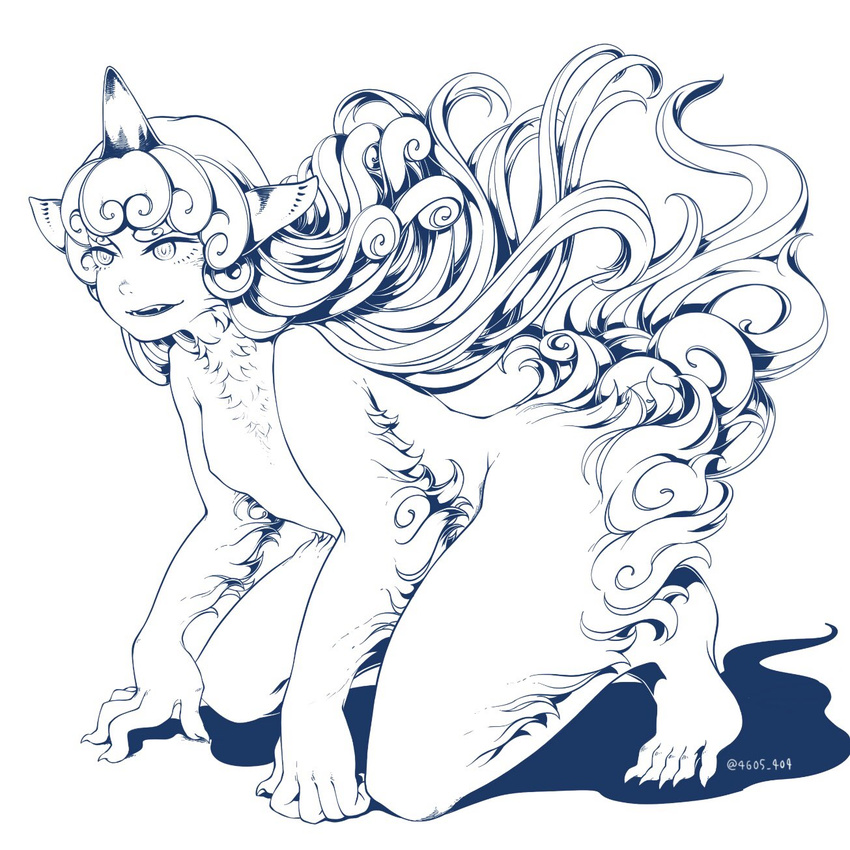 bad_id bad_twitter_id bangs barefoot claws curly_hair fangs flat_chest furry greyscale highres horn kneeling komainu komano_aun lineart long_hair monochrome nude open_mouth pointy_ears shiratama_(irodoli) simple_background slit_pupils solo toes touhou twitter_username very_long_hair white_background