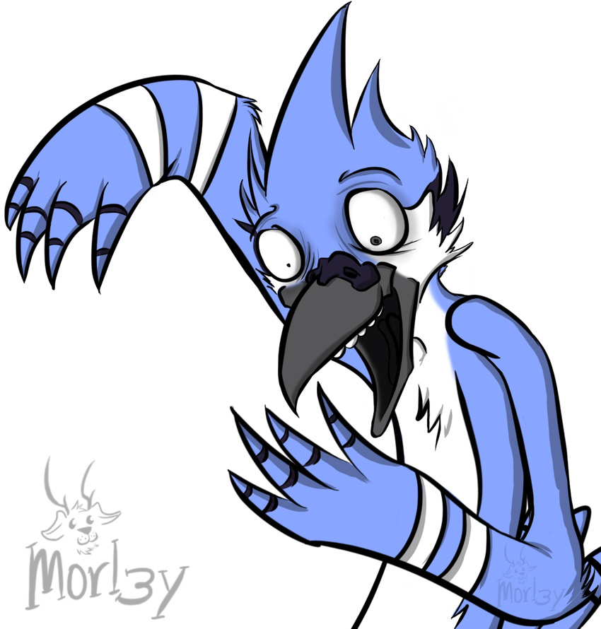 2017 anthro avian beak bird blue_feathers blue_jay cartoon_network corvid digital_drawing_(artwork) digital_media_(artwork) feathers hi_res looking_down male mammal mordecai_(regular_show) morl3y nude open_mouth reaction_image regular_show simple_background solo standing teeth tongue toony white_background white_feathers