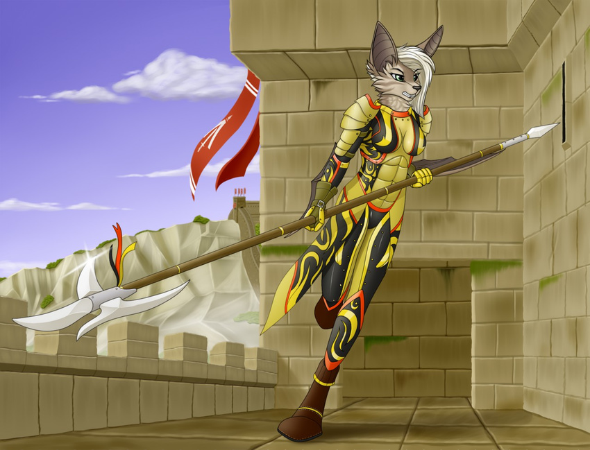 2017 5_fingers anthro armor bat clothed clothing day digital_media_(artwork) female hair holding_object holding_weapon mammal melee_weapon outside sky solo standing tales_foxdale weapon white_hair