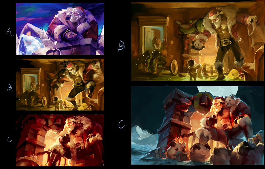 abs alternate_costume alternate_hair_color beard bell boots braum_(league_of_legends) child chimney christmas_tree concept_art crowgod facial_hair gift gloves highres holly league_of_legends moon multiple_boys multiple_views poro_(league_of_legends) sack santa_braum sitting sketch standing standing_on_one_leg thighhighs wreath