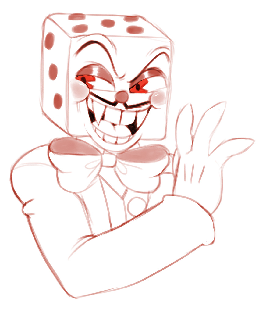 2017 animate_inanimate biped blush bow_tie bust_portrait button_(fastener) clothed clothing cuphead_(game) dice digital_drawing_(artwork) digital_media_(artwork) evil_grin facial_hair fangs front_view gloves half-closed_eyes hi_res humanoid hybrid king_dice line_art looking_away male maxineverything monochrome mustache not_furry object_head open_mouth open_smile portrait red_and_white red_eyes simple_background smile solo spotted_body suit tongue two_tone_body vampire white_background