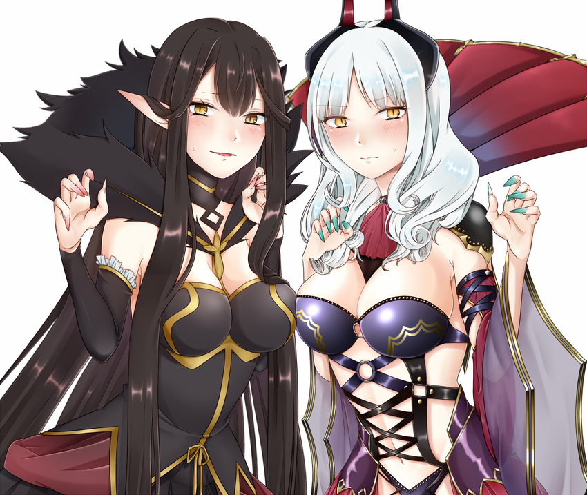 aqua_nails bare_shoulders black_dress blush breasts brown_hair carmilla_(fate/grand_order) claw_pose cleavage cravat detached_sleeves dress fate/apocrypha fate/grand_order fate_(series) fingernails fur_trim horns large_breasts long_fingernails long_hair looking_at_viewer multiple_girls nail_polish navel parted_lips pointy_ears see-through semiramis_(fate) silver_hair simple_background slit_pupils supportasse sweatdrop umehitonekomi white_background yellow_eyes