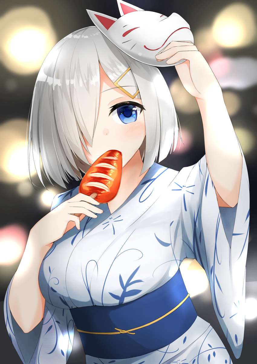 blue_eyes breasts eating fox_mask hair_ornament hair_over_one_eye hairclip hamakaze_(kantai_collection) highres ikayaki japanese_clothes kantai_collection kimono large_breasts lights mask night obi sakikumo_(sakumo) sash short_hair silver_hair solo squid yukata