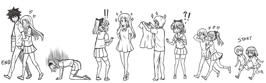 !? 1girl 2boys age_progression all_fours arm_holding arm_hug bad_end bag closed_eyes comic constricted_pupils crossdressing defeat dress english faceless faceless_male floating_heart greyscale hair_ribbon hand_on_another's_arm heart holding_hands long_hair monochrome multiple_boys netorare original orz otoko_no_ko peach_(momozen) pleated_skirt ribbon school_uniform serafuku short_dress silent_comic simple_background skirt sparkle spiked_hair sweatdrop thighhighs white_background yaoi zettai_ryouiki