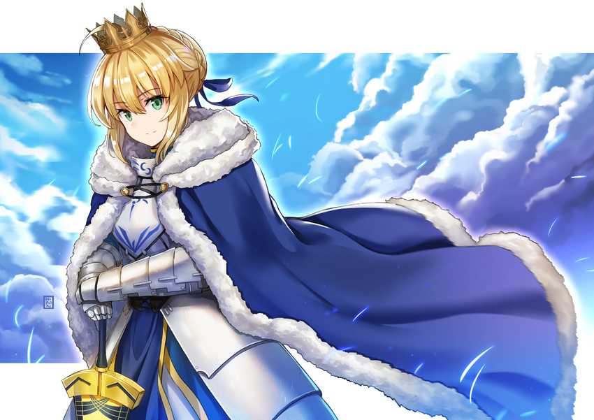 ahoge armor armored_dress artoria_pendragon_(all) bangs blonde_hair blue_cape blue_sky caliburn cape closed_mouth cloud cloudy_sky cowboy_shot crown day fate/stay_night fate_(series) fur_trim gauntlets green_eyes hair_ribbon hiroki_(hirokiart) holding holding_sword holding_weapon looking_at_viewer ribbon saber short_hair sky smile solo sword weapon