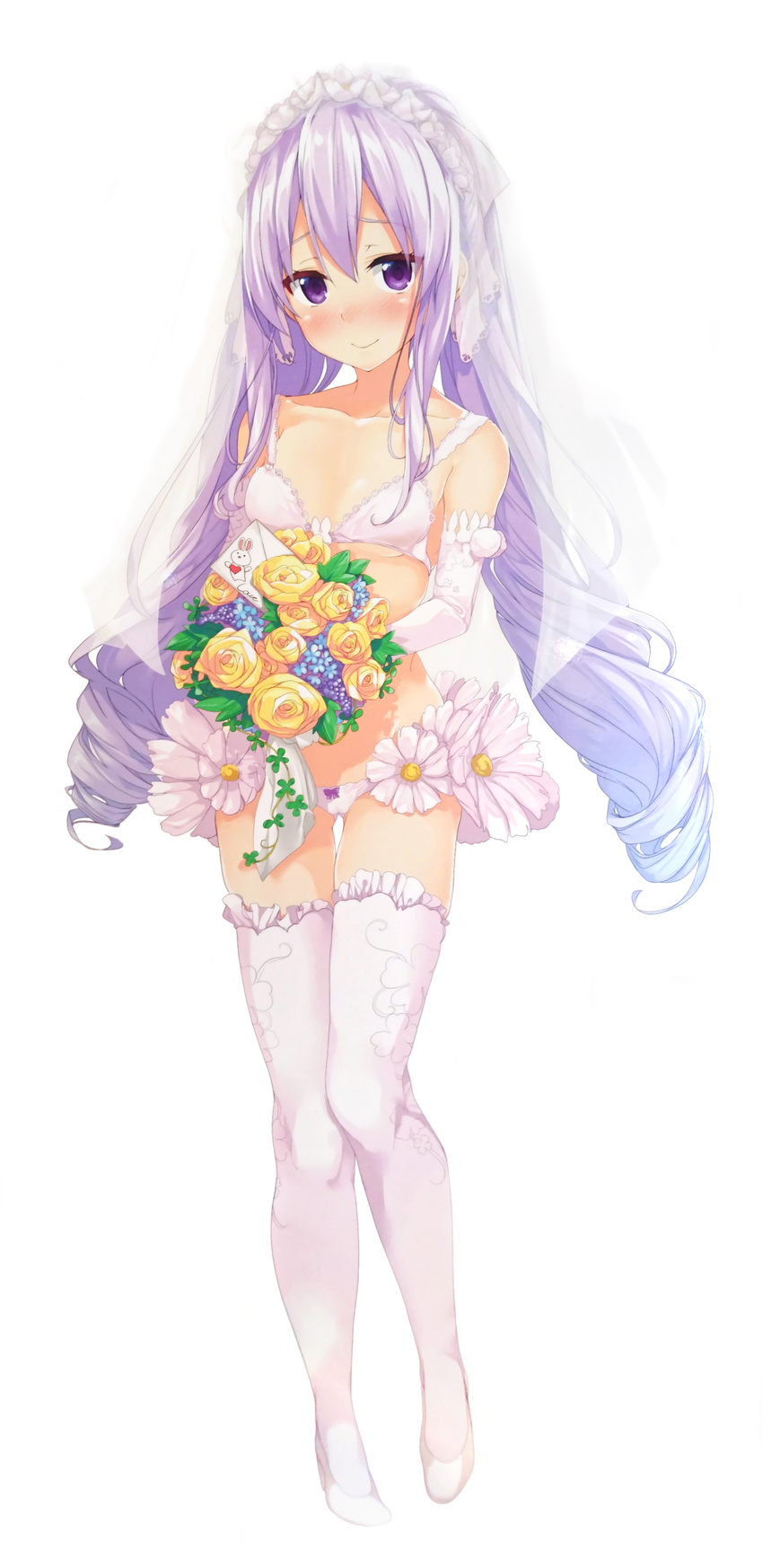 absurdres ass_visible_through_thighs blush bouquet bra breasts bridal_veil bride closed_mouth collarbone elbow_gloves flower full_body gintarou_(kurousagi108) gloves hair_flower hair_ornament high_heels highres long_hair looking_at_viewer nagami_suzuka non-web_source ore_ga_suki_nano_wa_imouto_dakedo_imouto_janai panties pom_pom_(clothes) purple_eyes purple_hair sidelocks simple_background small_breasts smile solo standing thigh_gap thighhighs twintails underwear underwear_only veil very_long_hair white_background white_bra white_legwear white_panties