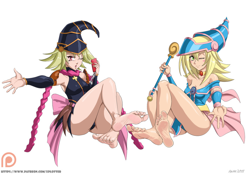 2girls bale_legs bare_legs bare_shoulders barefoot blonde_hair blush_stickers breasts cellphone chains cleavage dark_magician_girl duel_monster female gagaga_girl green_eyes hat long_hair looking_at_viewer magical_girl medium_breasts multiple_girls one_eye_closed open_mouth patreon red_eyes shiny shiny_clothes shiny_skin sitting smile wand wizard_hat yu-gi-oh!