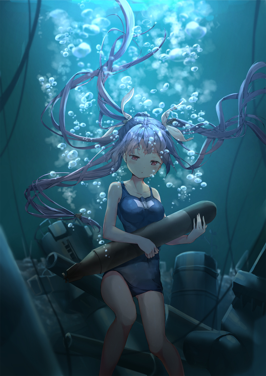 air_bubble aqua bare_legs blue_hair breasts bubble cannon daitai_sotogawa_(futomomo) floating_hair hair_ribbon highres i-19_(kantai_collection) kantai_collection large_breasts light_rays long_hair mast name_tag one-piece_swimsuit red_eyes ribbon school_swimsuit smokestack solo swimsuit symbol-shaped_pupils torpedo tri_tails turret underwater