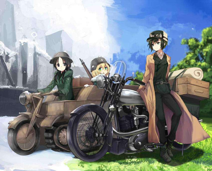 belt black_eyes black_gloves black_hair blonde_hair blush brodie_helmet brough_superior chito_(shoujo_shuumatsu_ryokou) closed_mouth collared_shirt commentary crossover day full_body fur_trim gloves goggles goggles_on_head grass green_coat green_eyes green_hair green_pants ground_vehicle gun haik half-track hat helmet hermes jacket kettenkrad kino kino_no_tabi long_hair low_twintails luggage motor_vehicle motorcycle multiple_girls open_clothes open_jacket open_mouth outdoors pants parted_lips rifle season_connection shirt short_hair shoujo_shuumatsu_ryokou silhouette sitting sky smile snow split_theme stahlhelm standing suitcase trait_connection tree twintails weapon white_shirt wing_collar yuuri_(shoujo_shuumatsu_ryokou)