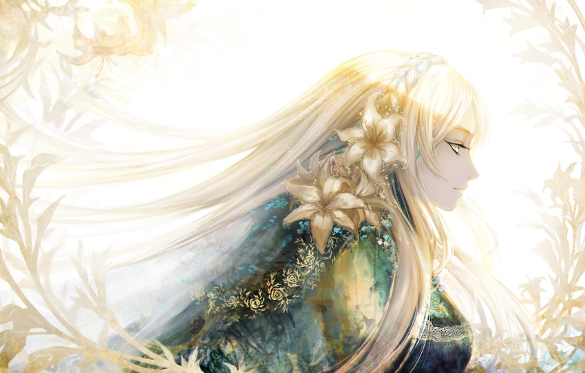 avodkabottle blonde_hair braid closed_mouth collaboration commentary eyeshadow flower flower_request from_side hair_flower hair_ornament long_hair long_sleeves makeup original profile seiracchi smile solo upper_body yellow_eyes