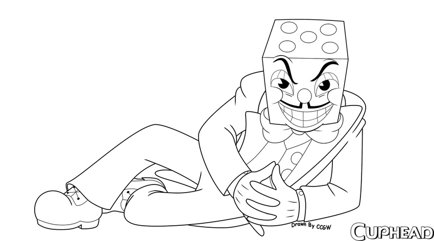 2017 4_fingers animate_inanimate biped black_and_white bow_tie button_(fastener) ccgw clothed clothing cuphead_(game) dice digital_drawing_(artwork) digital_media_(artwork) english_text evil_grin facial_hair footwear front_view full-length_portrait gloves humanoid humanoid_hands interlocked_fingers king_dice line_art looking_at_viewer lying male monochrome mustache not_furry object_head on_side pants portrait pose shoes simple_background smile solo spotted_body style_parody suit text toony white_background