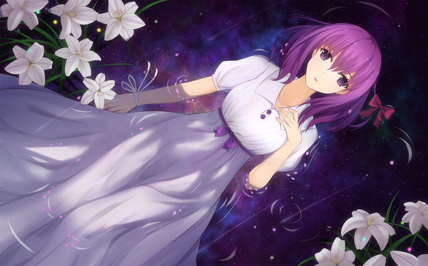 bad_id bad_pixiv_id bow dress fate/stay_night fate_(series) flower hair_bow heaven's_feel highres long_dress looking_at_viewer lying matou_sakura parted_lips partially_submerged purple_eyes purple_hair rain rko_(a470350510) short_hair solo water white_dress