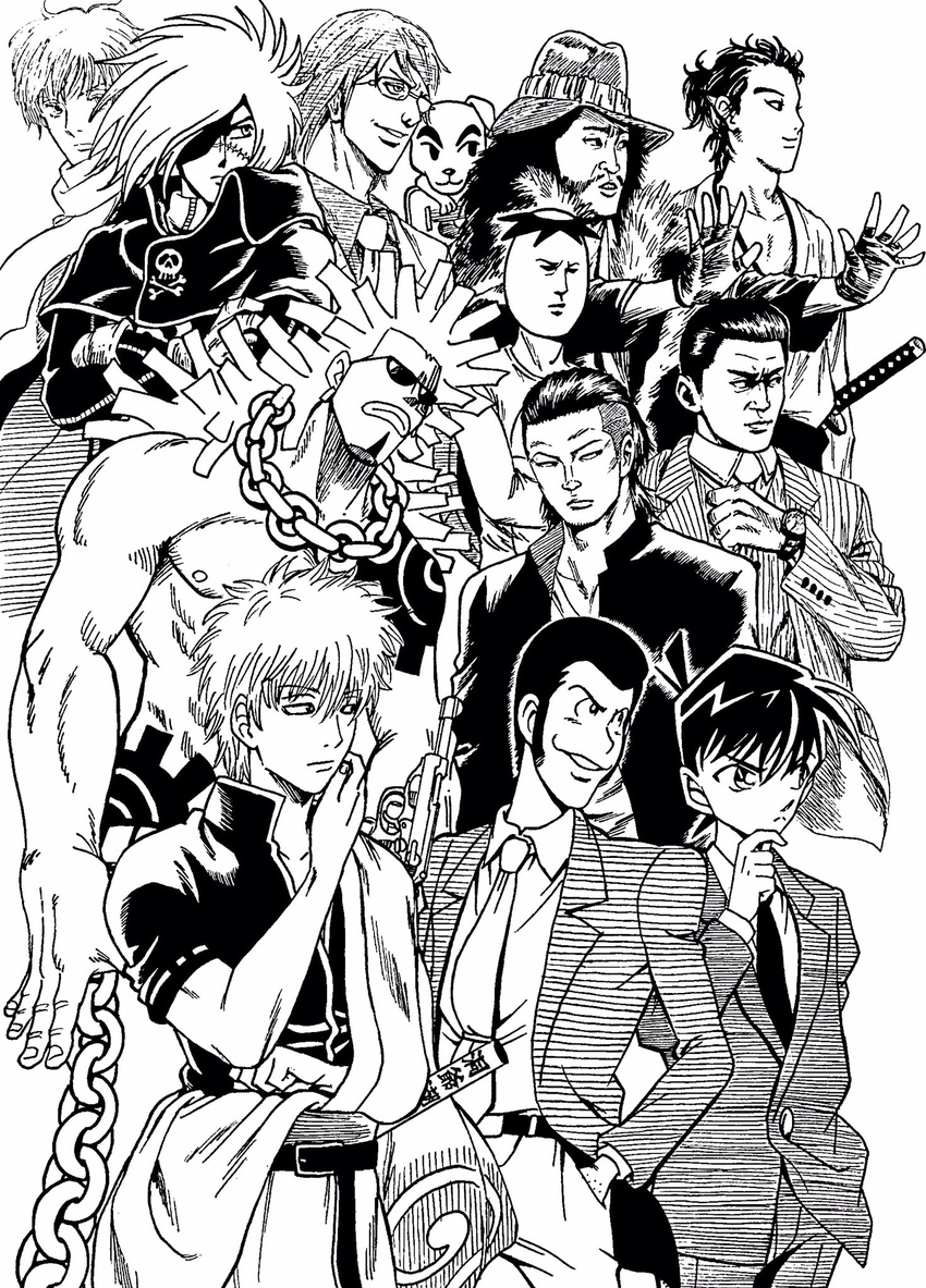 actor_connection arakawa_under_the_bridge arsene_lupin_iii bacchus_(yuusha_yoshihiko) chain_necklace commentary_request crossed_arms crossover crows dog doubutsu_no_mori facial_hair facial_scar fingerless_gloves formal gintama glasses gloves greyscale guitar gun hair_slicked_back hana_yori_dango hanazawa_rui handgun hands_in_pockets harlock hat highres honda_kou ink_(medium) instrument japanese_clothes kappa_(arakawa) kudou_shin'ichi lee_(dragon_garou) long_hair lupin_iii mad_treasure male_focus meitantei_conan monochrome multiple_boys multiple_crossover necktie nobunaga_concerto oguri_shun one_piece open_hands ryuu_ga_gotoku ryuu_ga_gotoku_6 saburou_(nobunaga_concerto) sakata_gintoki scar scar_on_cheek skull_and_crossbones smile someya_takumi suit sunglasses takiya_genji terra_formars totakeke traditional_media uchuu_kaizoku_captain_harlock watch weapon wristwatch yuusha_yoshihiko_to_maou_no_shiro