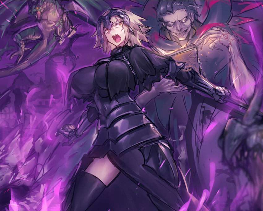 1girl :o armor armored_dress bangs behind_another black_dress black_legwear blonde_hair book breasts capelet caster_(fate/zero) chain commentary_request cowboy_shot d: dragon dress fate/grand_order fate/zero fate_(series) faulds fire gauntlets grey_hair grin hand_up headpiece holding jeanne_d'arc_(alter)_(fate) jeanne_d'arc_(fate)_(all) large_breasts legs_apart looking_at_viewer melon22 open_book open_mouth purple_fire short_hair smile solo_focus teeth thighhighs thighs v-shaped_eyebrows yellow_eyes
