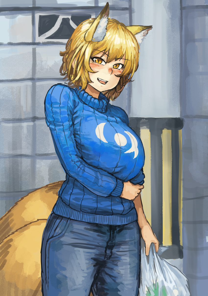 :d absurdres animal_ears bag bangs blonde_hair blue_sweater blush chanta_(ayatakaoisii) cowboy_shot day denim extra_ears eyebrows_visible_through_hair fangs fox_ears fox_tail grocery_bag highres holding holding_bag jeans long_sleeves looking_at_viewer multiple_tails open_mouth outdoors pants shopping_bag short_hair smile solo standing sweater tail touhou yakumo_ran yellow_eyes