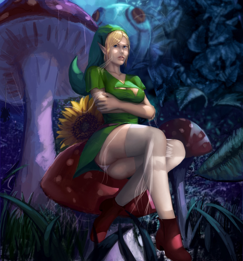 blackknight23 genderswap giant_mushroom green_hat link mushroom panties pantyshot solo spider spider_web stockings tagme the_legend_of_zelda tunic zettai_ryouiki