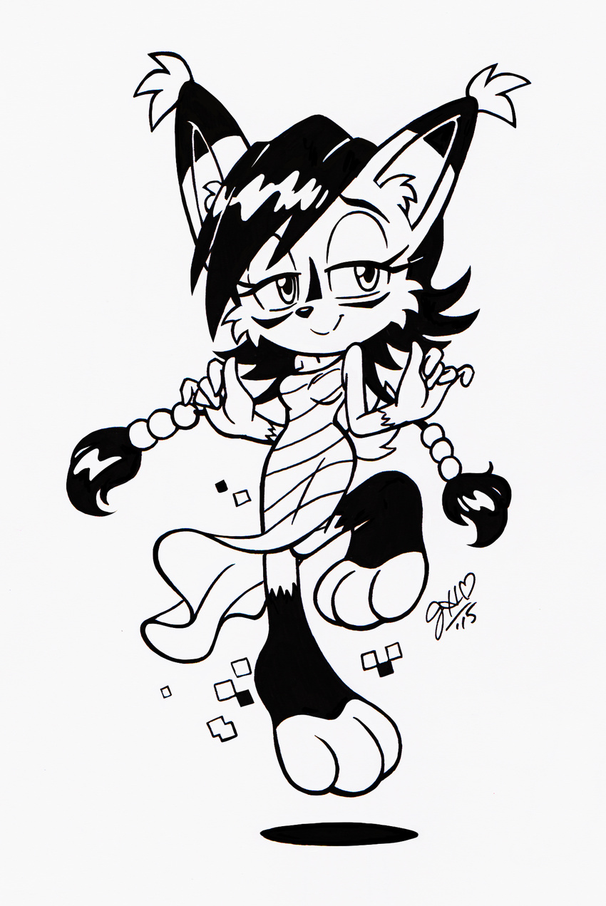 2015 anthro archie_comics cheek_tuft chibi-jen-hen clothed clothing digital_media_(artwork) dipstick_ears dress eyelashes feline female floating fur gloves_(marking) hair half-closed_eyes hologram inner_ear_fluff looking_away lynx mammal markings monochrome nicole_the_lynx short_tail signature simple_background sketch smile solo sonic_(series) striped_fur stripes tuft white_background