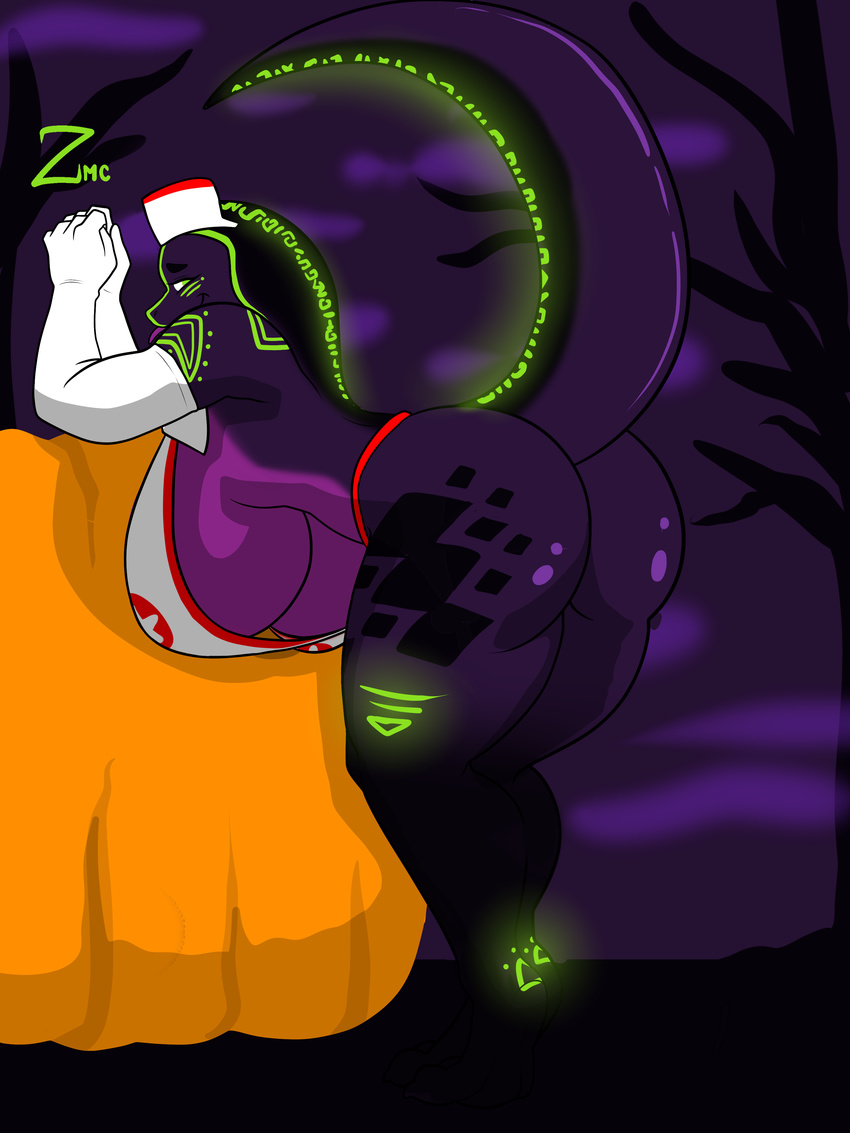 anthro bent_over big_breasts bioluminescence breasts clothed clothing female gloves glowing halloween holidays huge_breasts looking_back qhala reptile scalie skimpy snake solo thick_thighs under_boob voluptuous zeromccall