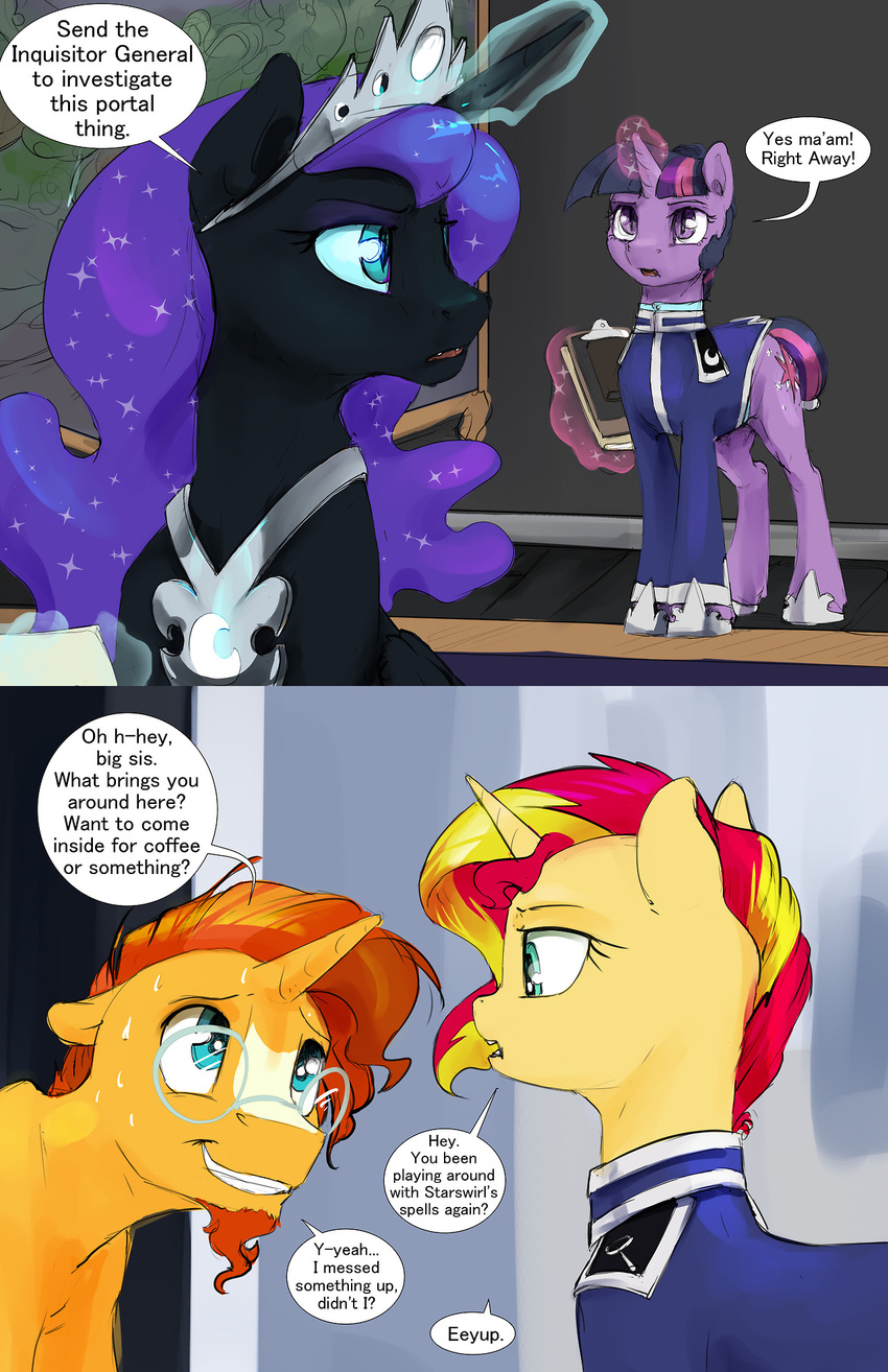 2017 ask_blog blue_eyes book brother brother_and_sister clothing comic crown dialogue english_text equestria_girls equine eyeshadow eyewear facial_hair fangs female friendship_is_magic glasses goatee hair horn makeup mammal my_little_pony nightmare_moon_(mlp) purple_eyes purple_hair sibling silfoe sister sunburst_(mlp) sunset_shimmer_(eg) sweat text twilight_sparkle_(mlp) unicorn