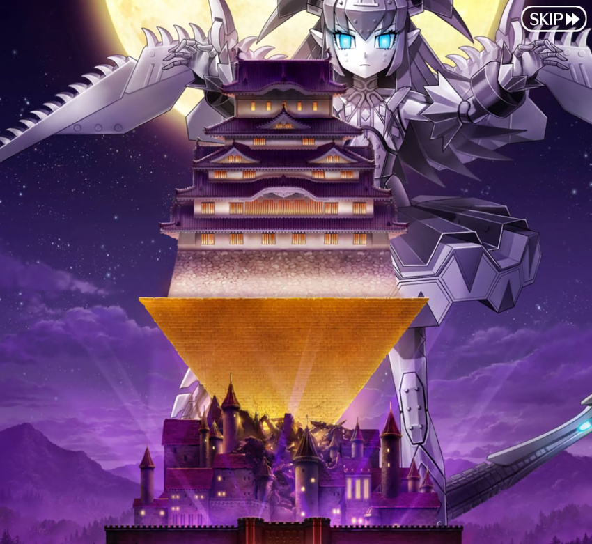 android artist_request blade_wings blue_eyes castle elizabeth_bathory_(fate) elizabeth_bathory_(fate)_(all) fate/grand_order fate_(series) forest full_moon giantess highres horns mecha mecha_eli-chan_mk.ii moon mountain nature non-web_source official_art pyramid screencap sky star_(sky) starry_sky stone wings