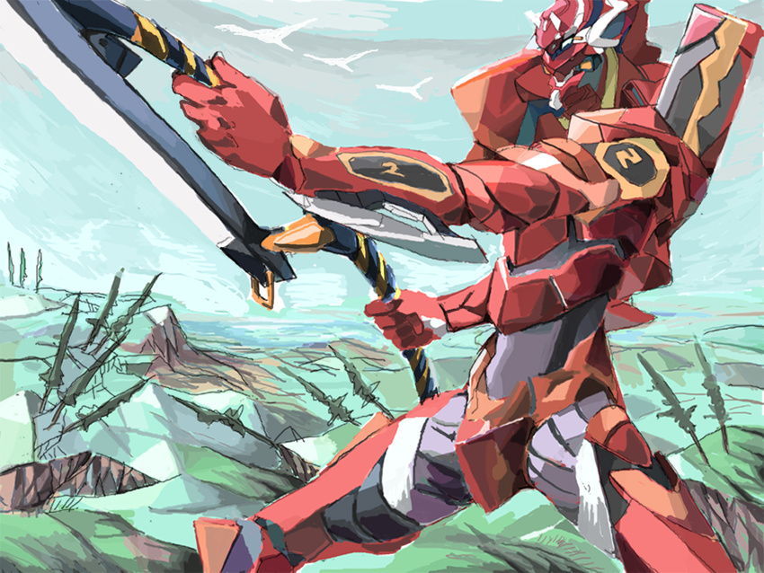 artist_request eva_02 highres neon_genesis_evangelion neon_genesis_evangelion_anima no_humans trees weapon