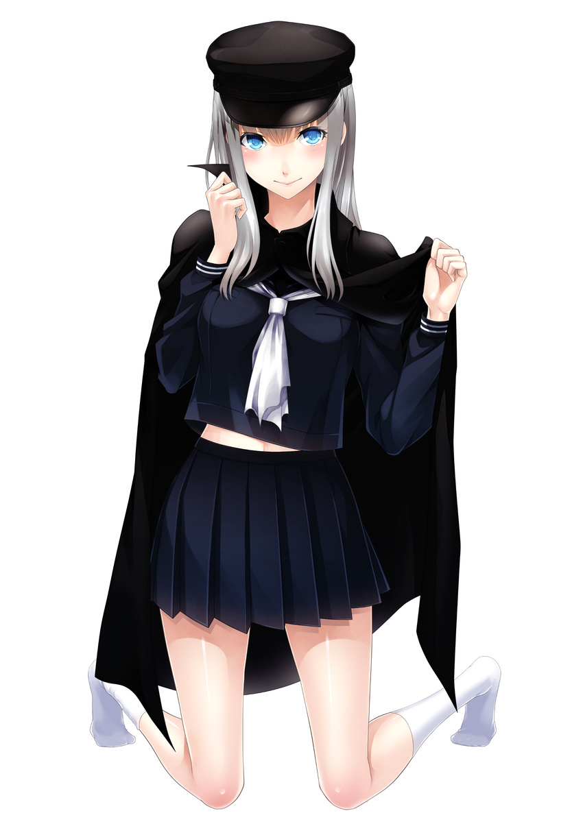 absurdres blame! blame_gakuen! blue_eyes breasts cibo cloak commentary_request hat highres kneeling long_hair looking_at_viewer medium_breasts pale_skin sakuma_tsukasa school_uniform silver_hair skirt smile socks solo white_hair