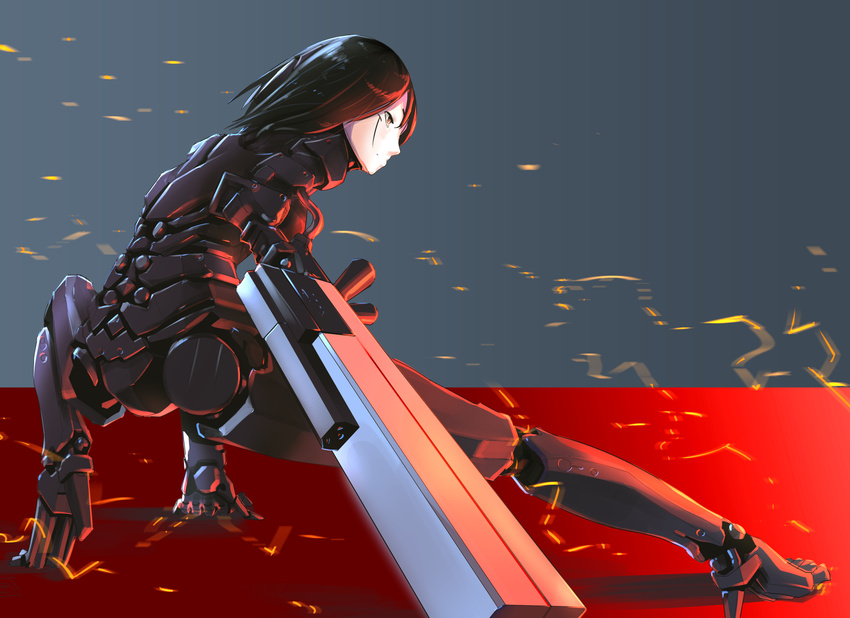 arm_cannon ass black_hair blame! bodysuit cyborg gun highres merooon pale_skin sanakan short_hair solo weapon