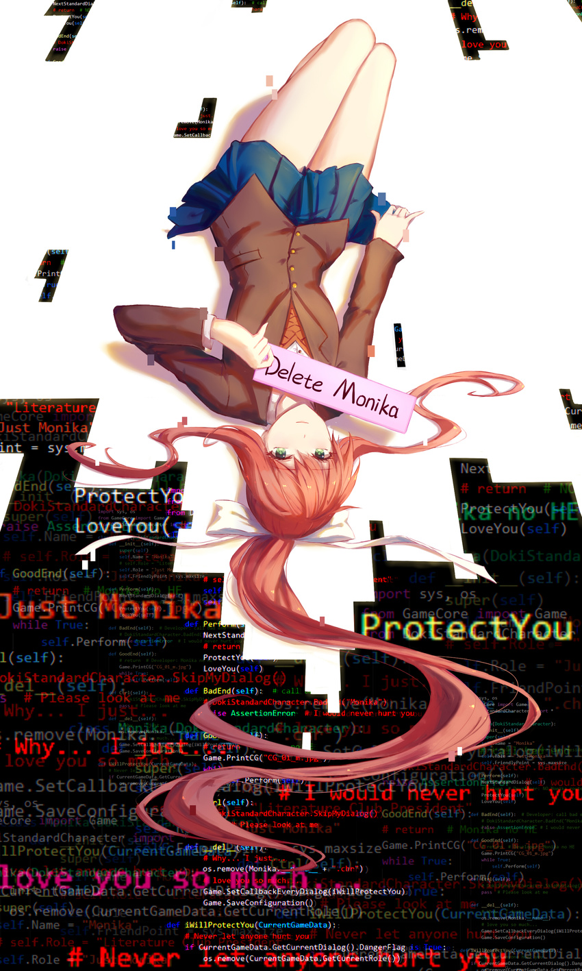 absurdres bangs blazer blue_skirt blunt_bangs bow brown_hair brown_jacket buttons closed_mouth code commentary_request doki_doki_literature_club english eyebrows_visible_through_hair eyelashes glitch green_eyes hair_between_eyes hair_spread_out hashtag highres html jacket long_hair looking_at_viewer lying monika_(doki_doki_literature_club) on_back ponytail red_ribbon ribbon school_uniform shirt sidelocks skirt smile solo spoilers text_focus thighs upside-down very_long_hair vest white_bow white_ribbon white_shirt xing_muhen