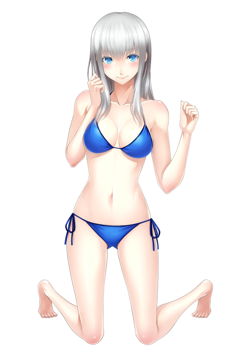 absurdres bangs bikini blame! blame_gakuen! blue_eyes blunt_bangs breasts cibo highres kneeling long_hair looking_at_viewer medium_breasts pale_skin sakuma_tsukasa silver_hair simple_background smile solo swimsuit white_background white_hair