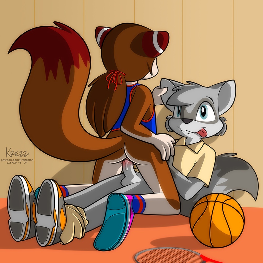 2017 4_fingers anthro anthro_on_anthro athlete aurelie_(character) basketball beige_bottomwear belatro blue_eyes blue_footwear blue_topwear bottomless brown_fur brown_hair clothed clothing cowgirl_position cub cum cum_in_pussy cum_inside faceless_female female fur gray_balls grey_footwear grey_penis hair hairband holding_ear inside interspecies krezz_karavan male male/female mammal on_top orange_footwear pants_down partially_clothed penetration penis pink_footwear procyonid raccoon rodent school_days sex squirrel tennis_racquet tongue tongue_out vaginal vaginal_penetration white_fur yellow_topwear young