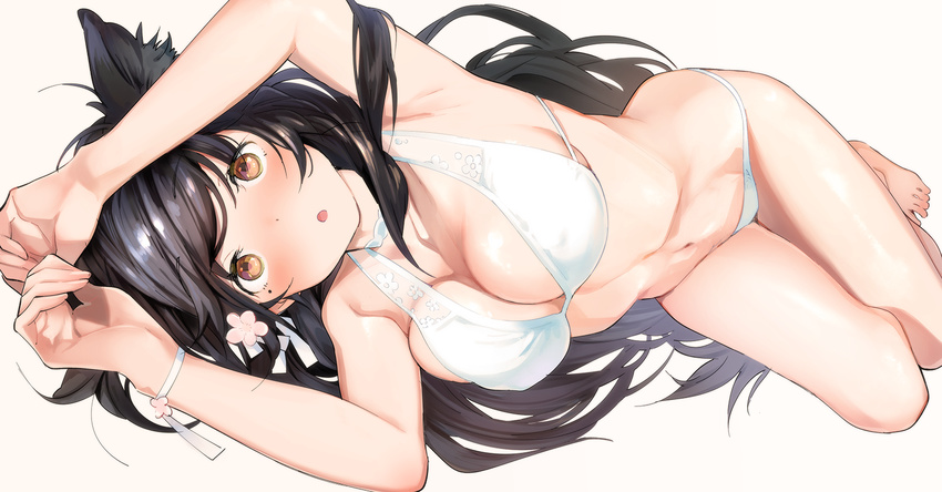 :o animal_ears armpits arms_up atago_(azur_lane) azur_lane bangs bare_legs barefoot bikini black_hair blush breasts brown_eyes commentary_request harutoyo large_breasts long_hair looking_at_viewer lying mole mole_under_eye navel on_side open_mouth ribbon simple_background solo swept_bangs swimsuit tareme thighs very_long_hair white_background white_bikini white_ribbon wrist_ribbon