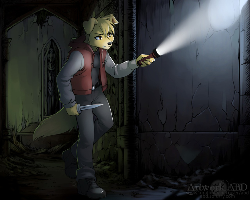 2017 abandoned abluedeer anthro blonde_hair canine detailed_background digital_media_(artwork) dog fur hair holding_object holding_weapon knife male mammal solo weapon yellow_fur