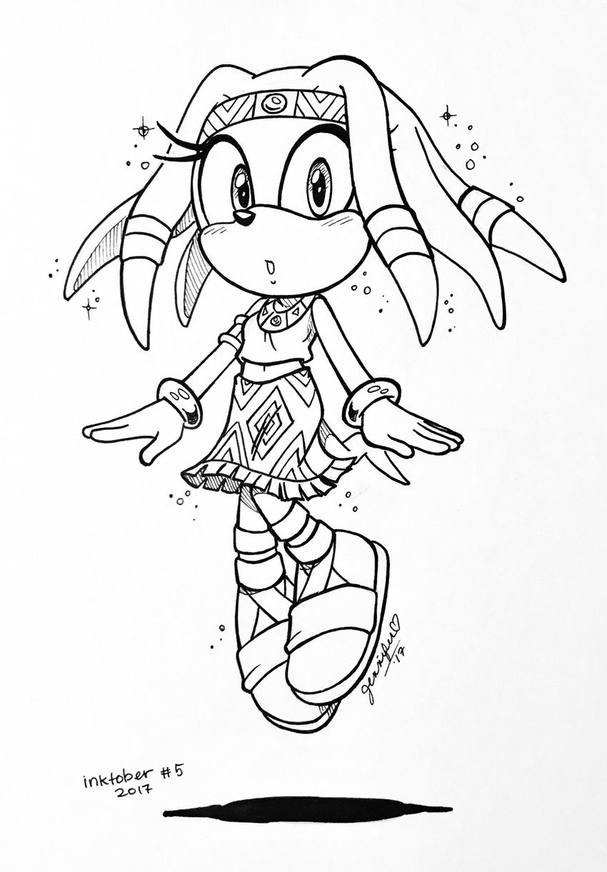 2017 anthro archie_comics blush bracelet chibi-jen-hen clothed clothing echidna female floating footwear jewelry mammal midriff monochrome monotreme necklace open_mouth sandals shirt shoes signature simple_background sketch skirt solo sonic_(series) tikal_the_echidna white_background