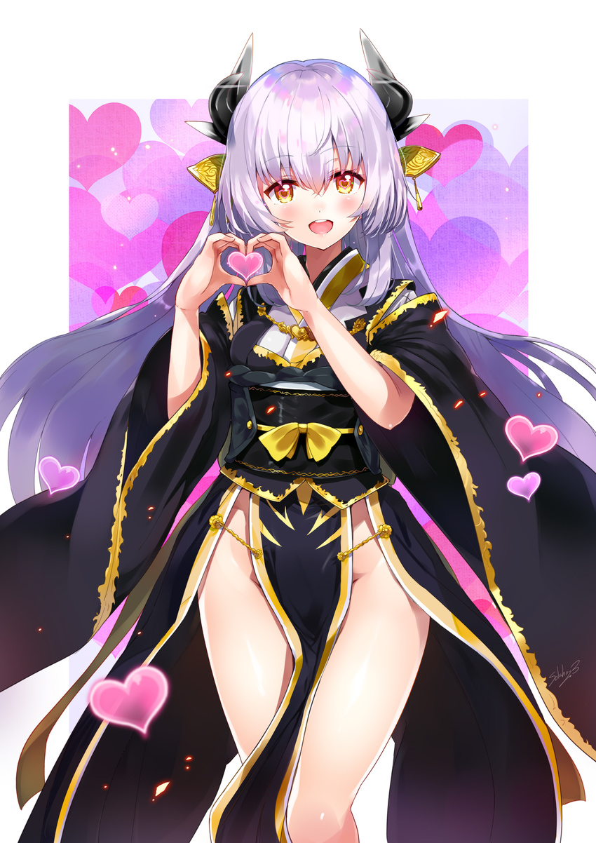 commentary_request fate/grand_order fate_(series) han'eri heart heart_hands highres horns japanese_clothes kimono kiyohime_(fate/grand_order) long_hair looking_at_viewer obi obiage obijime open_mouth pelvic_curtain purple_hair red_eyes sash sora-bozu