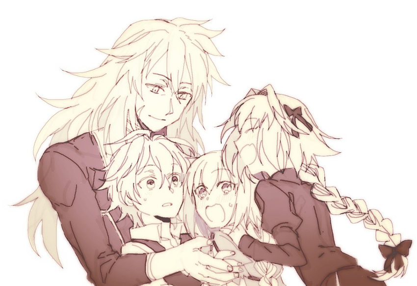 3boys ahoge astolfo_(fate) bangs black_ribbon blush braid closed_eyes commentary_request embarrassed eyebrows_visible_through_hair fang fate/apocrypha fate_(series) hair_ornament hair_ribbon hug jeanne_d'arc_(fate) jeanne_d'arc_(fate)_(all) long_braid long_hair long_sleeves monochrome multiple_boys open_mouth otoko_no_ko ribbon scar shirt shoes short_hair sieg_(fate/apocrypha) siegfried_(fate) single_braid sweat takasaki_(rock_rock) very_long_hair waistcoat white_background