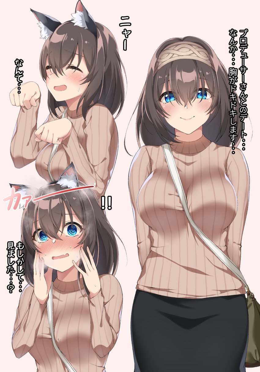 animal_ears bag between_breasts black_hair blue_eyes blush breasts commentary_request embarrassed highres idolmaster idolmaster_cinderella_girls kemonomimi_mode large_breasts long_hair looking_at_viewer paw_pose ribbed_sweater sagisawa_fumika simple_background solo spicy_moo strap_cleavage sweater translated turtleneck turtleneck_sweater