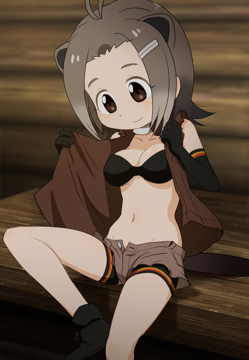 absurdres american_beaver_(kemono_friends) animal_ears antenna_hair bare_shoulders beaver_ears beaver_tail bike_shorts bike_shorts_under_shorts black_bikini_top breasts brown_eyes cleavage elbow_gloves fur_collar gloves grey_hair hair_ornament hairclip highres jacket kemono_friends navel sat-c short_hair short_shorts shorts sitting sleeveless_jacket tail unbuttoned