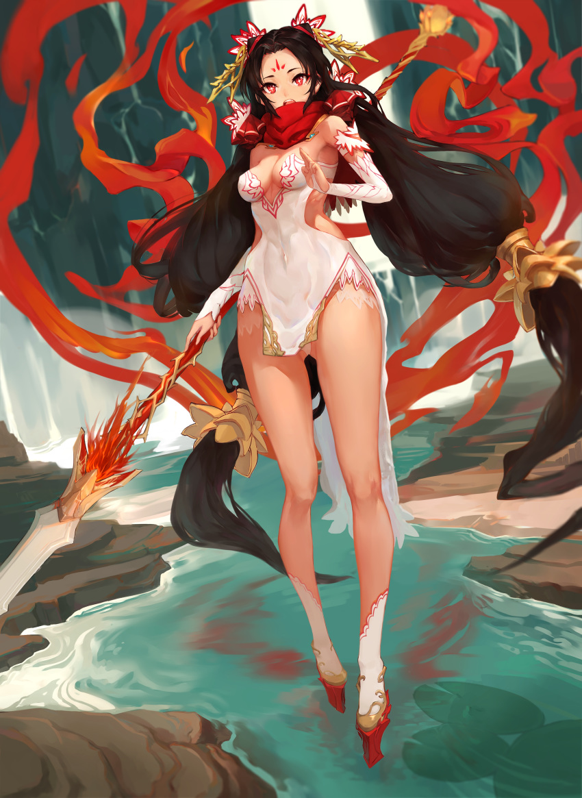 1girl absurdres bare_shoulders black_hair breasts china_dress chinese_clothes cleavage dress earrings facial_mark forehead_mark hair_ribbon highres jewelry kokage_no_shita nature nezha original polearm ribbon river side_slit soles spear star star-shaped_pupils symbol-shaped_pupils water waterfall weapon