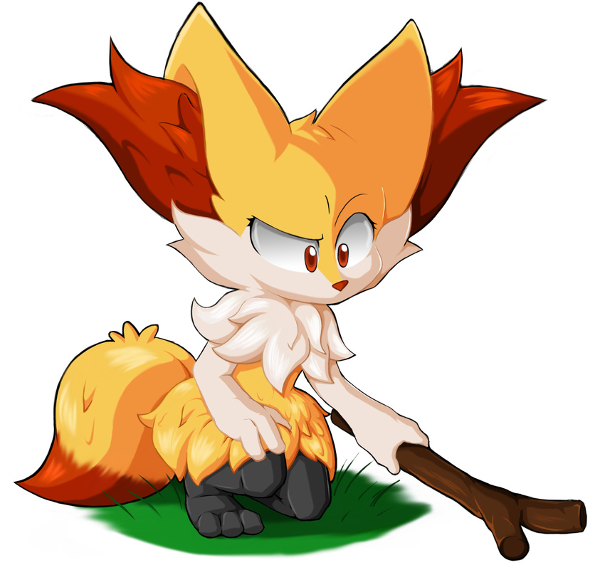 2017 absurd_res alpha_channel ambiguous_gender anthro big_ears black_fur braixen canine cheek_tuft digital_media_(artwork) dipstick_tail ear_fur eyelashes fluffy fluffy_tail fur grass hi_res holding_object inner_ear_fluff kneeling kurus37 mammal multicolored_tail neck_tuft nintendo pok&eacute;mon pok&eacute;mon_(species) raised_eyebrow red_eyes simple_background solo stick tuft video_games white_fur yellow_fur