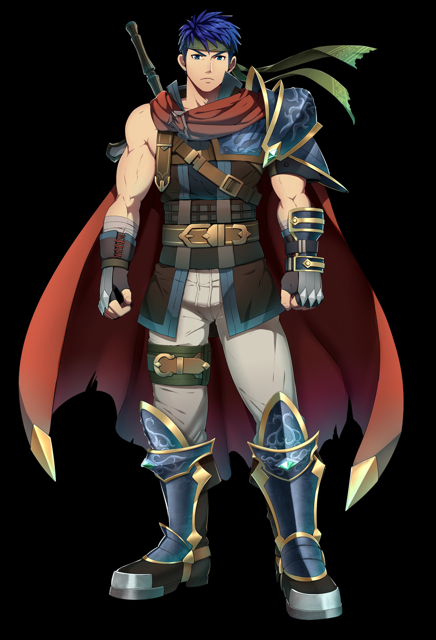 &gt;:( absurdres arm_guards armor armored_boots asymmetrical_armor bandages belt belt_buckle black_gloves blue_eyes blue_hair boots brown_vest buckle cape closed_mouth fingerless_gloves fire_emblem fire_emblem:_akatsuki_no_megami fire_emblem_heroes frown full_body gloves headband highres ike knee_boots legs_apart looking_at_viewer male_focus mazjojo muscle open_clothes open_vest pants pauldrons red_cape standing v-shaped_eyebrows vest white_pants