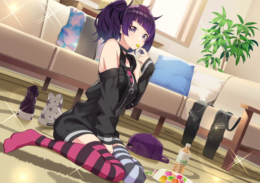 1girl ahoge bangs bare_shoulders between_legs black_choker black_dress black_footwear blunt_bangs bottle breasts candy candy_wrapper choker commentary_request couch day dress dutch_angle food glint hand_up hat hat_removed headwear_removed idolmaster idolmaster_shiny_colors indoors long_hair long_sleeves looking_at_viewer mismatched_footwear mismatched_legwear mouth_hold off-shoulder_dress off_shoulder peaked_cap pillow pink_legwear plant potted_plant purple_eyes purple_hair shirt shoes shoes_removed sidelocks sitting sleeves_past_wrists small_breasts solo star star_print striped striped_legwear striped_shirt tanaka_mamimi thighhighs tomato_(madanai_the_cat) twintails undershirt wariza white_footwear white_legwear window