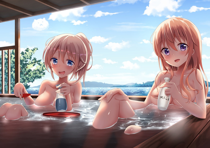 :d aoyama_blue_mountain bangs bathing blonde_hair blue_eyes blue_sky blush bottle breasts cloud collarbone commentary_request convenient_arm convenient_censoring cup day eyebrows_visible_through_hair floating gochuumon_wa_usagi_desu_ka? hair_between_eyes hair_censor hair_over_one_breast hand_on_own_knee highres holding hoto_mocha indoors large_breasts long_hair looking_at_viewer multiple_girls nude onsen open_mouth orange_hair outdoors partially_submerged piripun ponytail purple_eyes sakazuki sky smile tippy_(gochiusa) tokkuri tree water