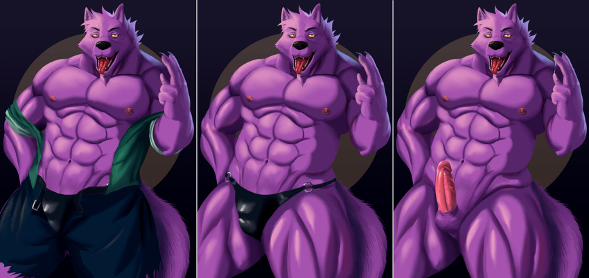 abs anthro areola balls barazoku belt bernard bernard_(ok_k.o.!_lbh) biceps big_muscles bulge canine cartoon_network claws clothed clothing erection fenrirwolfen fur half-closed_eyes humanoid_penis looking_at_viewer male mammal manly mostly_nude muscular navel nipples nude ok_k.o.!_let's_be_heroes open_mouth open_pants open_shirt pants pecs penis purple_fur sharp_claws sharp_teeth shirt smile solo speedo standing swimsuit teeth thick_thighs tongue tongue_out topless torn_clothing triceps underwear vein veiny_penis were werewolf wolf yellow_eyes