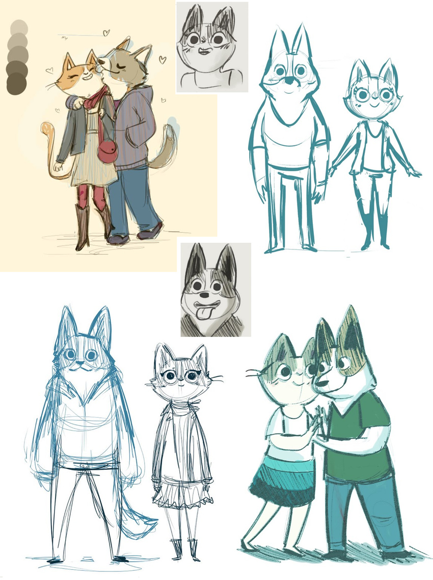 &lt;3 canine cat clothed clothing corgi dog doug_(here's_the_plan) duo feline female fernanda_frick here's_the_plan kat_(here's_the_plan) male male/female mammal nuzzling official_art romantic romantic_couple simple_background